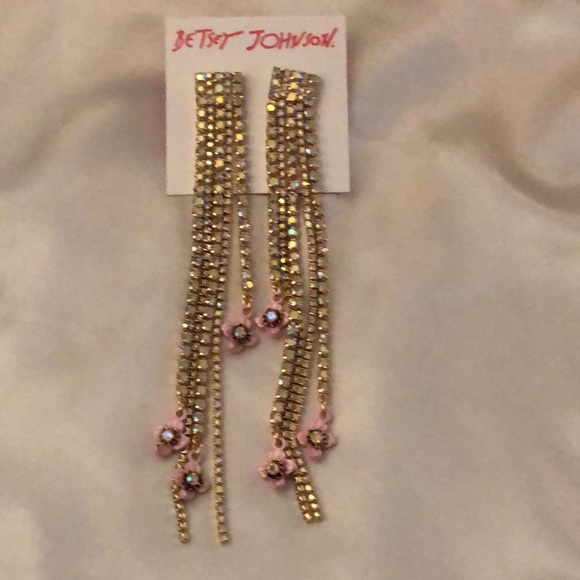 Betsey Johnson Gold Tone Crystal Cup Chain Fringe Drop Earrings Flower Accent - Picture 5 of 11